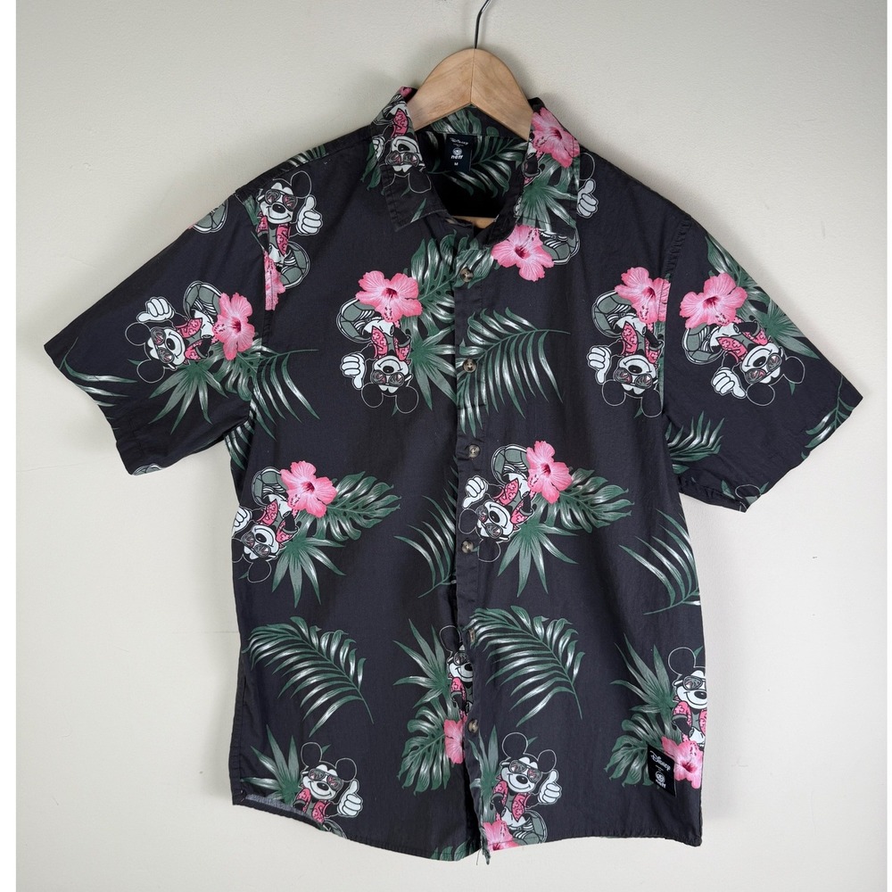 Disney Neff Mickey Mouse Hawaiian Shirt Med Black & Pink Tropical Hibiscus